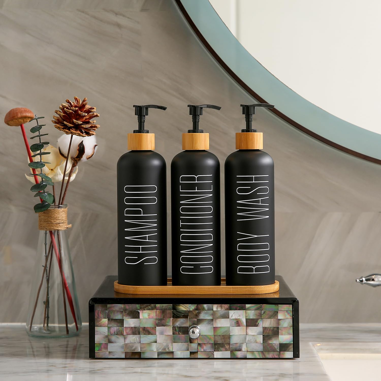 Prus Waso Shampoo And Conditioner Dispenser, Contains Shampoo Conditioner Body Wash Dispenser. Shower Dispenser With Bamboo Pump